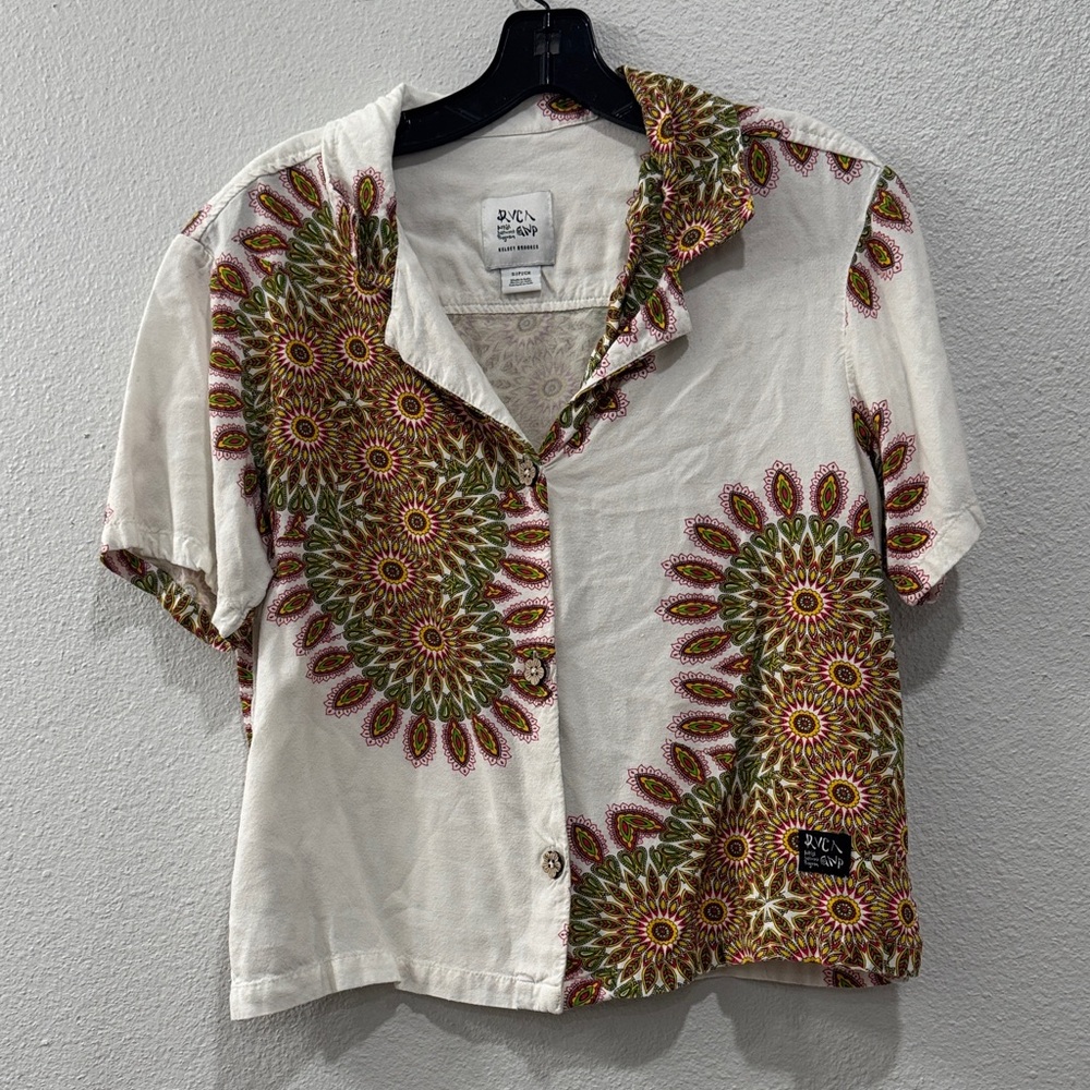 RVCA Cream Short Sleeve Button-Up Camisole with Green & Pink Floral Medallions